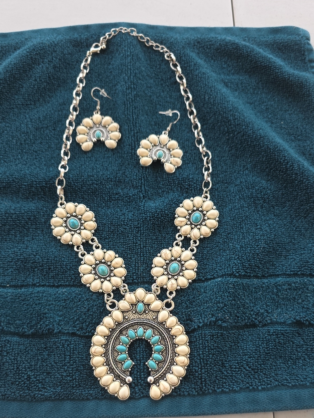 Turquoise and Cream Statement Squash Blossom Necklace Set